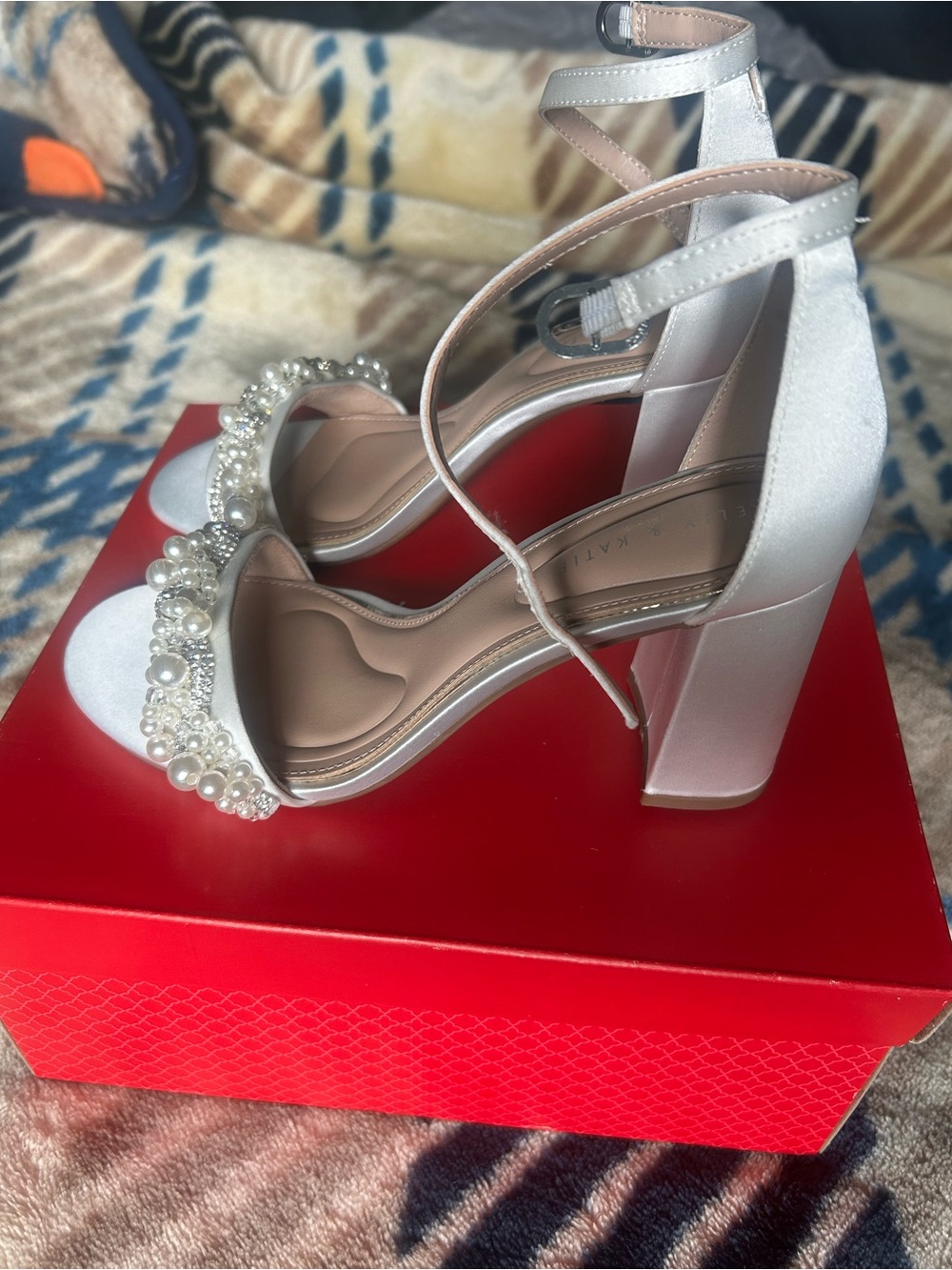 Kelly & Katie White Pearl Embellished Block Heel Sandals